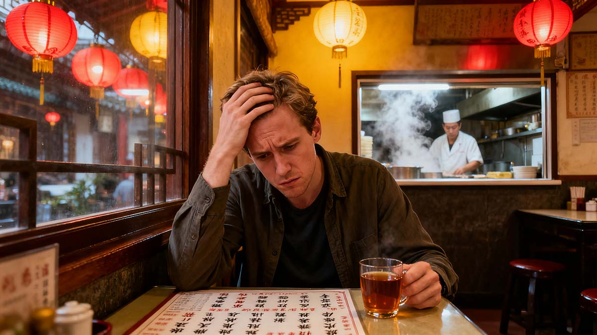 tourist looking confused in traditional Chinese restaurant