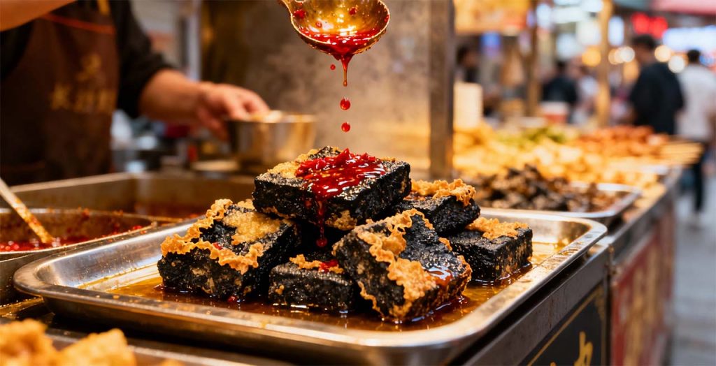Famous Changsha black stinky tofu with chili sauce at street food market stall