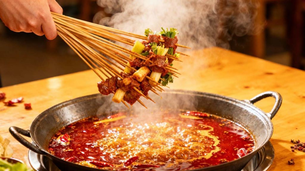 Chengdu street food- chuanchuan hotpot with skewered ingredients in spicy red broth Chengdu street food: chuanchuan hotpot with skewered ingredients in spicy red broth