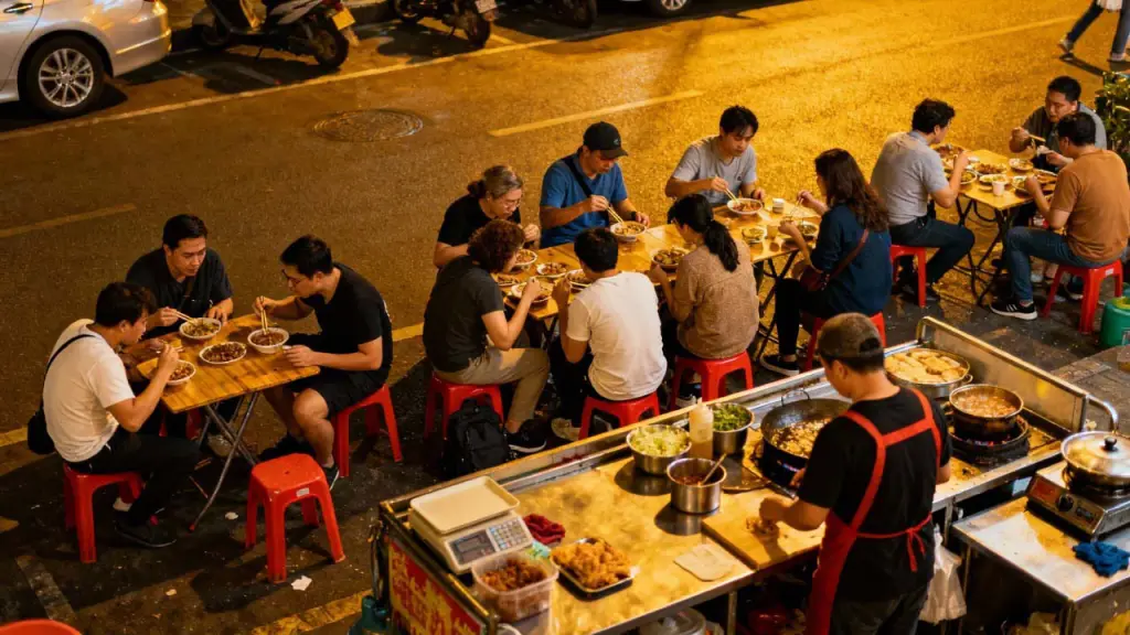 Chinese street food vendors serving diverse customers at night market stand
