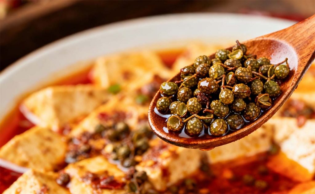 Fresh Sichuan peppercorns with traditional mapo tofu showing authentic Chinese cooking Fresh Sichuan peppercorns with traditional mapo tofu showing authentic Chinese cooking