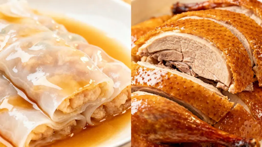 Guangzhou street food: delicate rice noodle rolls and crispy roasted young pigeon