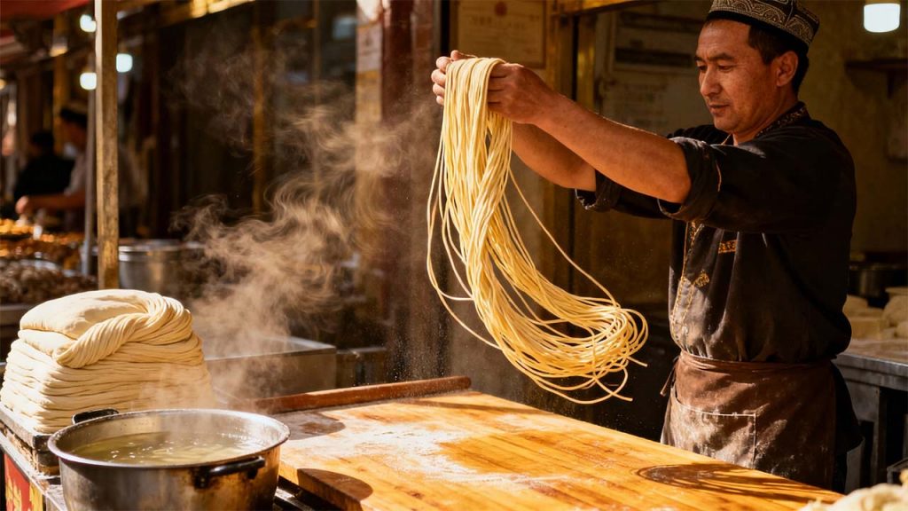Lanzhou noodle master hand-pulling fresh noodles at street food market stall