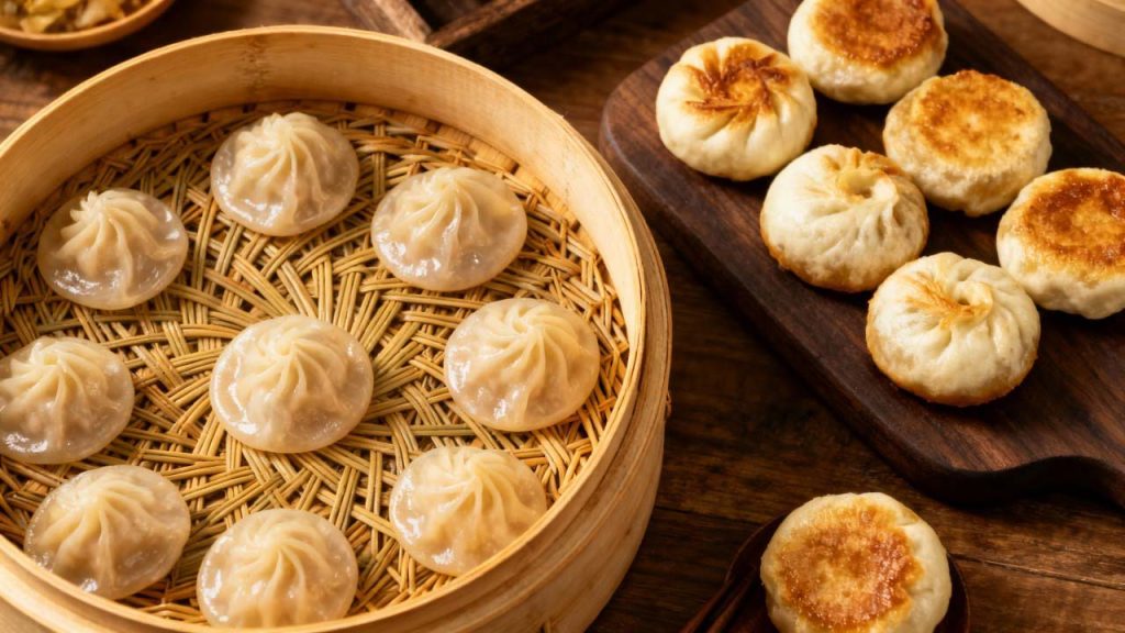 Shanghai street food- delicate soup dumplings and pan-fried pork buns with crispy bottoms Shanghai street food: delicate soup dumplings and pan-fried pork buns with crispy bottoms