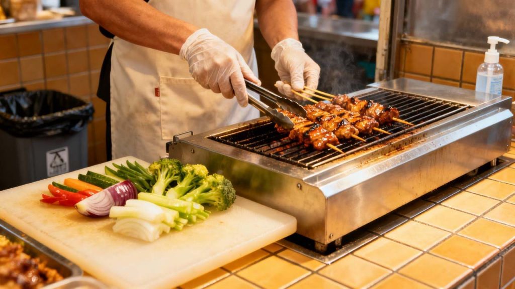 Street food vendor grilling skewers with fresh ingredients on clean cooking surface Street food vendor grilling skewers with fresh ingredients on clean cooking surface