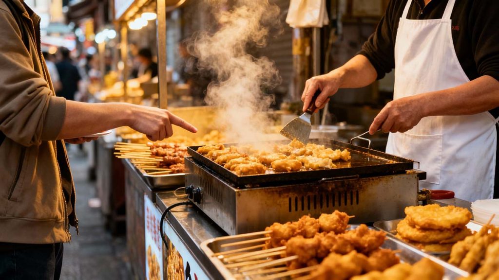 Tourist pointing at street food display while vendor takes order at night market Tourist pointing at street food display while vendor takes order at night market