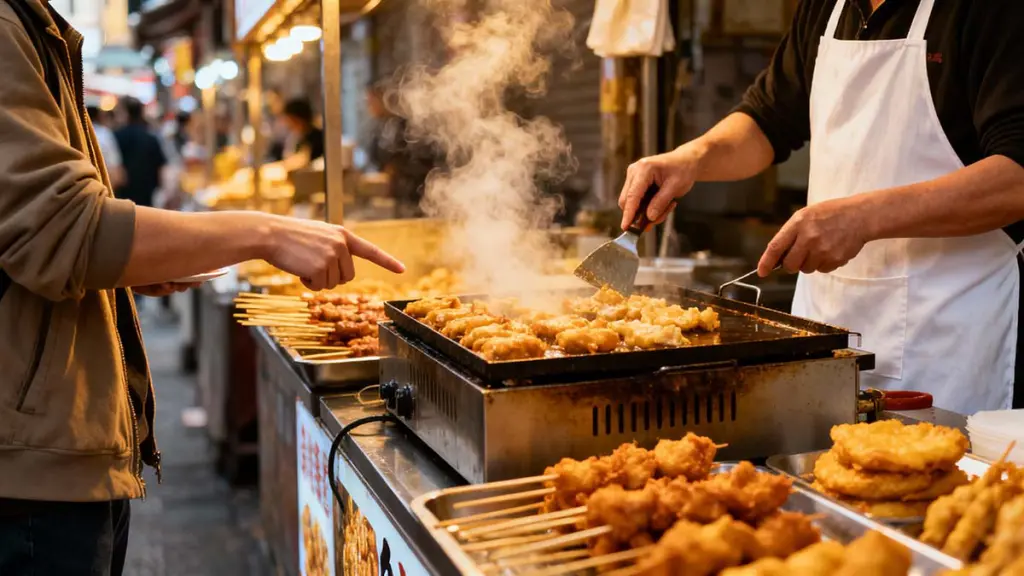 Tourist pointing at street food display while vendor takes order at night market