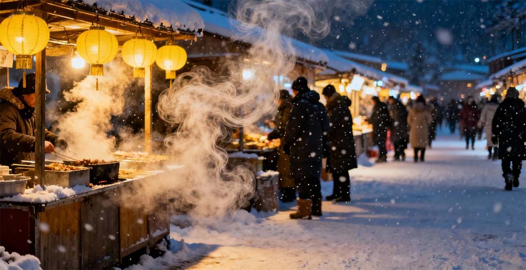 Steam rising from street food stalls in winter at Harbin night market with snow