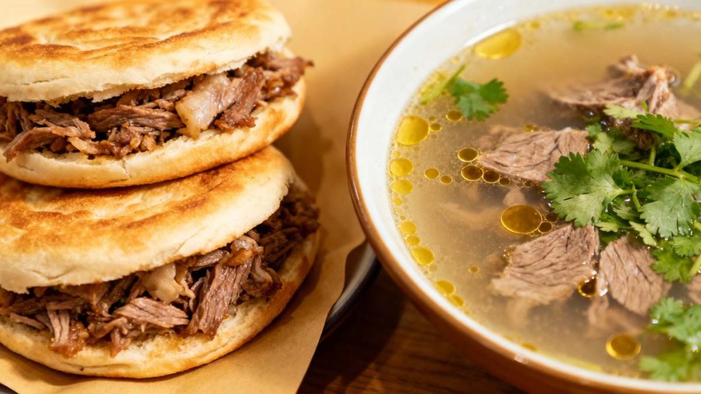Xi'an street food- roujiamo pork-stuffed flatbread and lamb soup with broken bread Xi'an street food: roujiamo pork-stuffed flatbread and lamb soup with broken bread