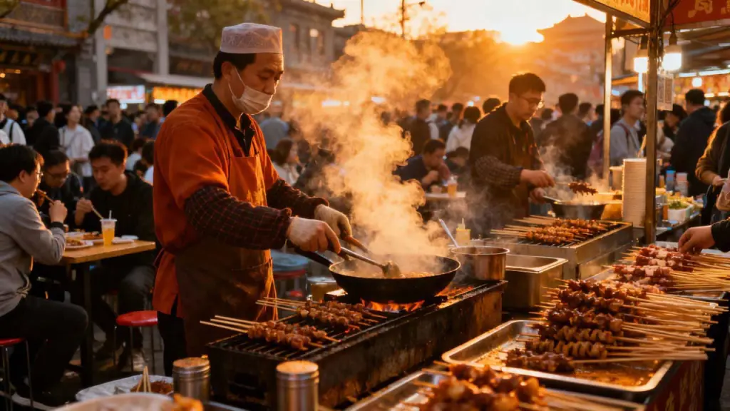 Bustling Chinese street food market at night with vendors grilling skewers and steam rising from woks