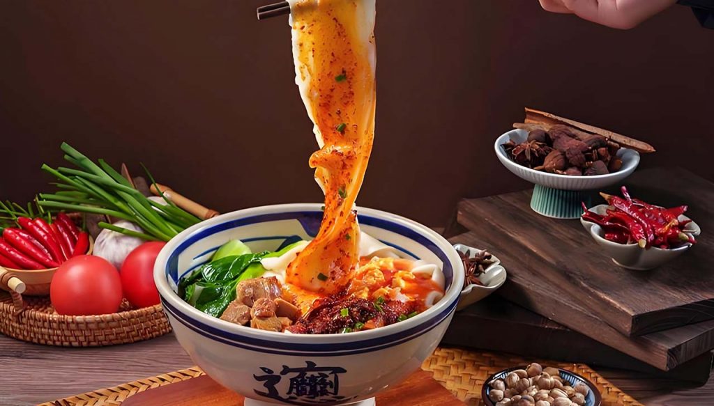 Biangbiang mian wide Chinese noodles with spicy chili oil topping
