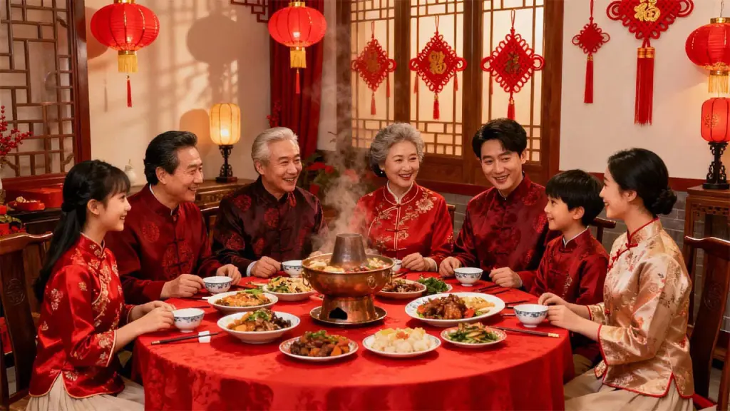 Chinese family dinner_ Traditional Chinese family dining with shared dishes demonstrating Chinese table manners