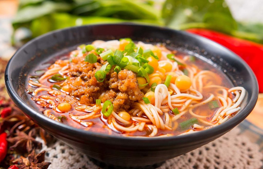 Sichuan dan dan mian spicy noodles with sesame paste and chili oil